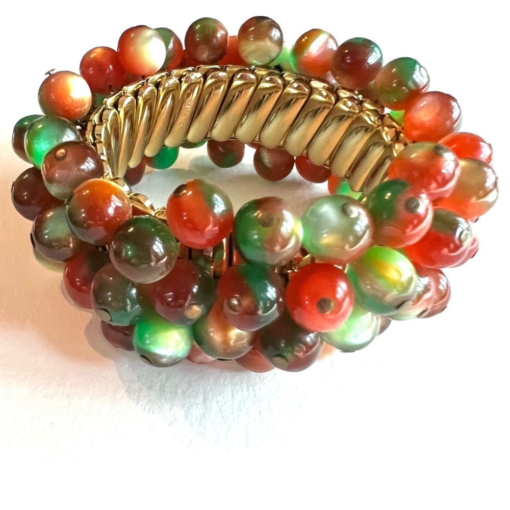 Vintage Cha Cha Bracelet Two Tone Moon Glow Stretchy Beaded Cuff Retro Jewelry